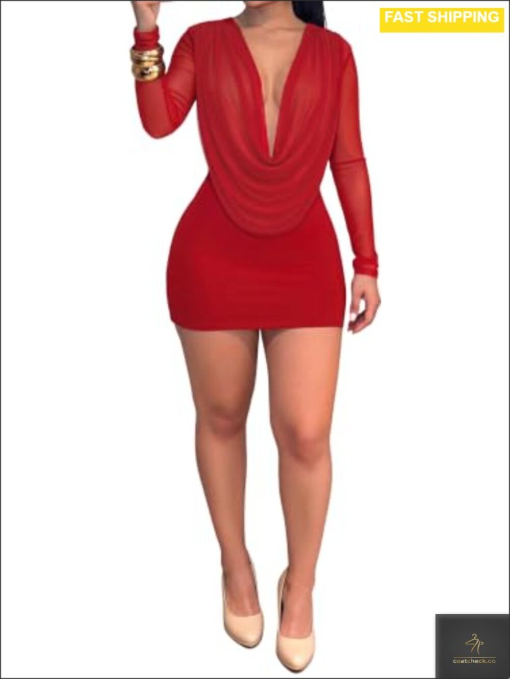 Women Sexy Cowl Neck Mesh Long Sleeve Backless Bodycon Mini Dress Club